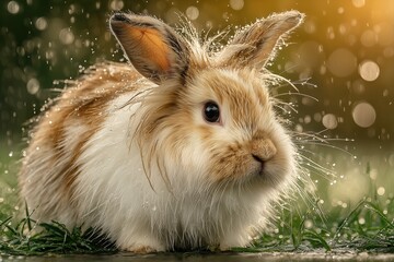 Fluffy rabbit with brown and white fur in nature scene for animal care marketing.
