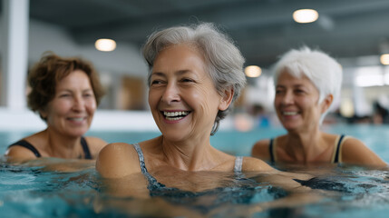 Fototapeta premium Happy senior women laughing and exercising together in aqua fitness swimming pool, concept of healthy aging, fun and community wellness Ñsenior aqua aerobics, elderly women fitness