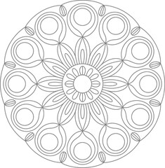 Intricate black and white circular mandala design with repeating floral patterns