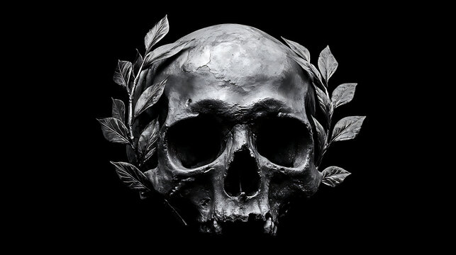 Gothic human skull with a laurel wreath symbolizing honor and triumph