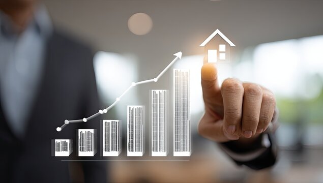 Business person's finger touches a projected graph of rising real estate values
