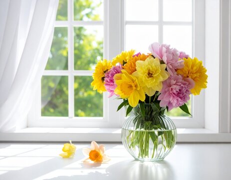 Jarron de virdrio con flores amarillas y rosadas con una ventana de fondo