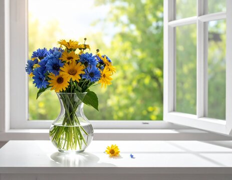 Florero con flores azules y amarillas en una ventana