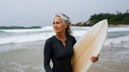 Older female surfer holding surfboard by the sea, enjoying freedom and active retirement on the beach female surfer senior, surfboard at ocean, retirement active lifestyle, surfing