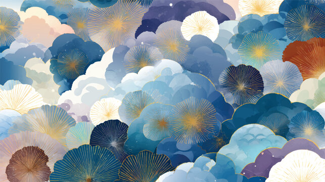 A vibrant abstract pattern featuring layered clouds in various shades of blue, cream, and gold accents, creating a dreamy and serene atmosphere