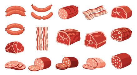 A diverse assortment of cured meats and processed meat products displayed in a pattern.
