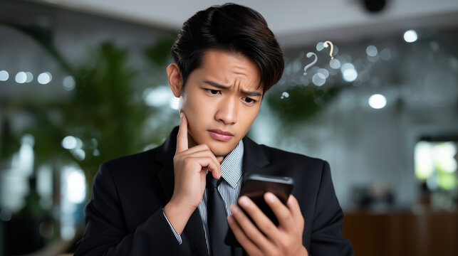 Young Asian businessman frowning at smartphone with question marks, problem solving and digital challenges businessman smartphone confusion, Asian businessman stress, phone dilemma