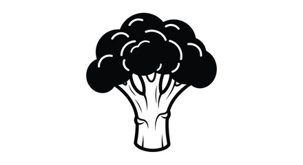 A stylized black and white illustration of a broccoli crown.