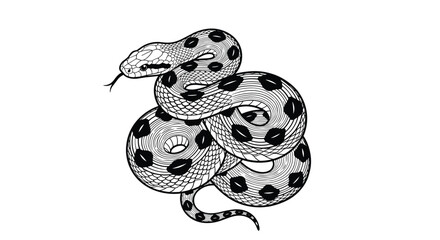 A coiled snake with a patterned skin rests on top of coiled sections of its body.