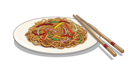 A delicious bowl of savory noodles with colorful vegetables and chopsticks resting beside it.