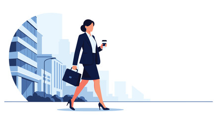 A businesswoman walks in the city with a briefcase and coffee.