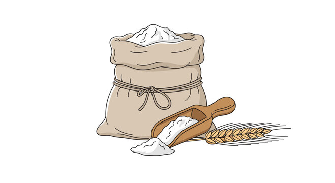 A sack full of wheat flour sits beside a wooden scoop with wheat grains.