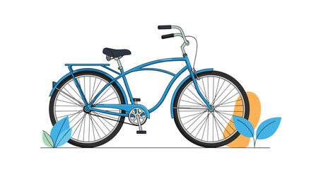 A blue cruiser bicycle with a rack parked outdoors with some green leaves and an orange circle in the background.
