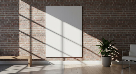 Modern poster mockup on brick wall with soft natural light and shadows, perfect for interior design, branding, artwork display, advertising template, and creative presentation