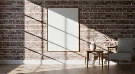 Modern poster mockup on brick wall with soft natural light and shadows, perfect for interior design, branding, artwork display, advertising template, and creative presentation