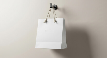 Stylish shopping bag mockup hanging on hook with neutral background, ideal for branding, packaging design, retail identity, advertising display, and creative product presentation