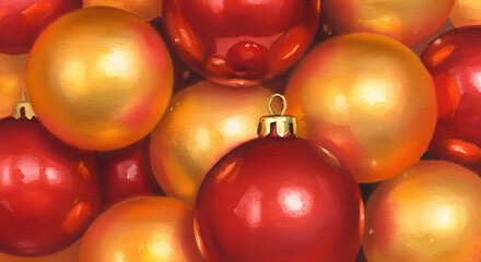 A festive background of red and gold Christmas ornaments, perfect for holiday greeting cards, seasonal advertisements, and festive content.