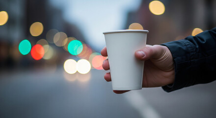 Paper cup mockup held by hand in vibrant urban street with glowing bokeh lights, perfect for branding, coffee shop design, packaging presentation, and creative marketing showcase.