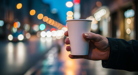 Paper cup mockup held by hand in vibrant urban street with glowing bokeh lights, perfect for branding, coffee shop design, packaging presentation, and creative marketing showcase.