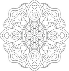 Intricate floral mandala design with symmetrical patterns and detailed outlines