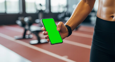 Smartphone fitness app mockup in athlete’s hand, perfect for health tracking, workout branding, sports technology presentation, mobile interface showcase, and active lifestyle promotion
