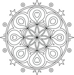 Intricate circular design featuring floral and heart motifs ready for coloring