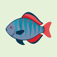 Stylized cartoon tropical fish with blue stripes and red fins swims