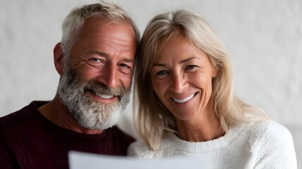A smiling senior couple reviews financial documents together conveying contentment and planning for their future