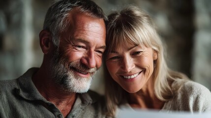 Fototapeta premium A smiling senior couple shares a warm intimate moment their faces full of joy and connection