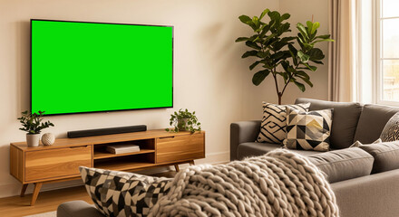 Smart TV screen mockup in Scandinavian living room, minimalist interior, modern home design, ideal for branding, streaming service showcase, digital content display, and stylish media presentation