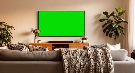 Smart TV screen mockup in Scandinavian living room, minimalist interior, modern home design, ideal for branding, streaming service showcase, digital content display, and stylish media presentation