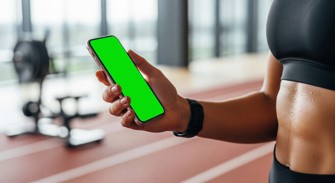 Smartphone fitness app mockup in athlete’s hand, perfect for health tracking, workout branding, sports technology presentation, mobile interface showcase, and active lifestyle promotion