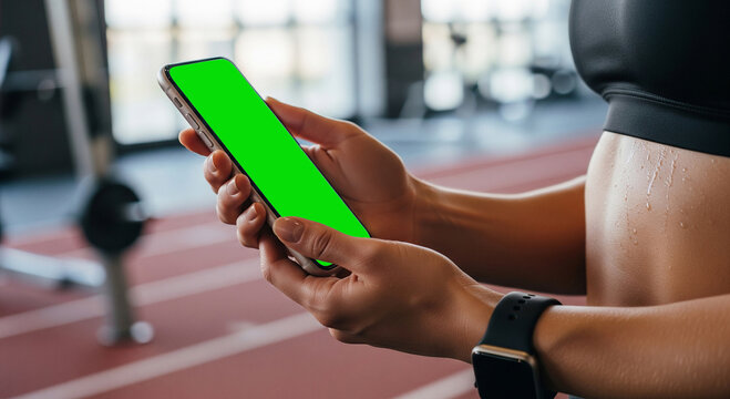 Smartphone fitness app mockup in athlete’s hand, perfect for health tracking, workout branding, sports technology presentation, mobile interface showcase, and active lifestyle promotion