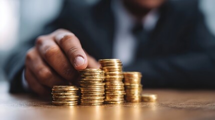 Close up of a hand stacking gold coins symbolizing financial growth and investment