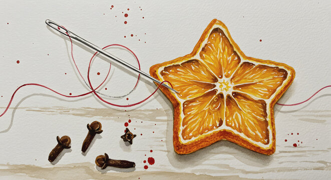 A watercolor illustration of making handmade Christmas ornaments from dried orange slices, a DIY concept for craft blogs and seasonal activity guides.