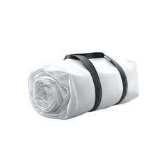 Crisp white rolled sleeping bag or mat with dark straps, ready for outdoor adventure, camping, or travel convenience