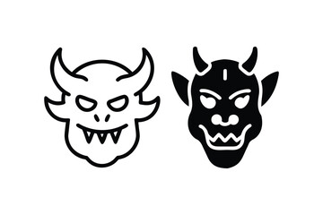 Two stylized devil faces one in black silhouette and one in white outline with sharp teeth and horns