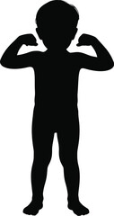 Silhouette of a young boy flexing his muscles a powerful pose