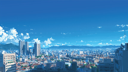 Obraz premium A panoramic view of a cityscape with mountains in the background, featuring a bright blue sky filled with fluffy clouds
