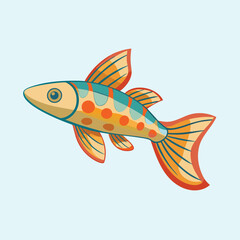 Cartoon fish with intricate designs, orange spots, and blue stripes swimming upwards