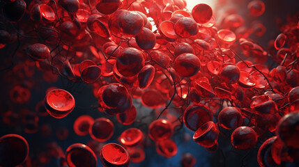 A detailed 3D microscopic view of red cells and plasma with dynamic depth of field highlighting blood circulation and cellular structure