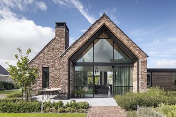 A contemporary brick residence featuring expansive windows is beautifully nestled amidst lush greenery, creating a peaceful atmosphere during daylight hours