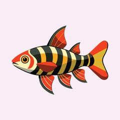 Stylized Black and Yellow Striped Fish with Red Fins on a Pale Background