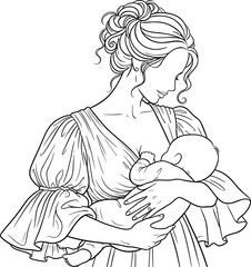Black and white cartoon woman breastfeeding baby, nurturing pose, maternal love and bonding theme, vintage style vector illustration for family and childcare content