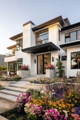 Fototapeta premium Stunning modern house surrounded by vibrant flowers in a peaceful neighborhood at sunset, showcasing elegant architecture and inviting entryway