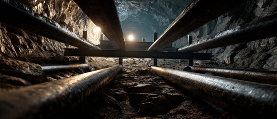 Low angle view of dark and damp underground mine tunnel with metal pipes and dim light Concept of mining, exploration, and industrial heritage