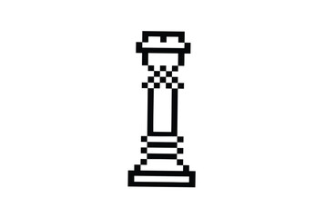 Pixelated black rook chess piece stands boldly against a simple white backdrop, emphasizing its retro style