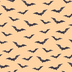 Seamless Halloween pattern with dark violet gray watercolor bats of two sizes on a soft peach background. Perfect for fabric, textile, wrapping paper, wallpaper, party, decoration, scrapbooking