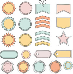 Pastel decorative labels and shapes including stars, circles, tags, and banners. Creative colorful collection perfect for scrapbooking, crafts, and stationery. Modern template for print and digital ar