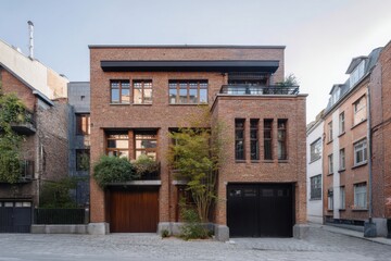 Modern brick house with unique architecture located in a quiet neighborhood, featuring large windows and greenery, showcasing a balance between contemporary design and urban living